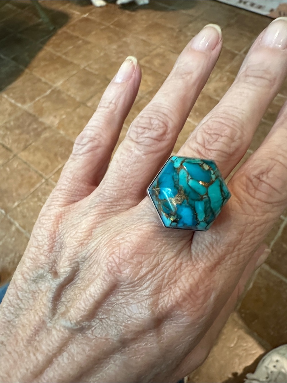 Jay King Turquoise Hexagon Statement Ring with Gold Veining